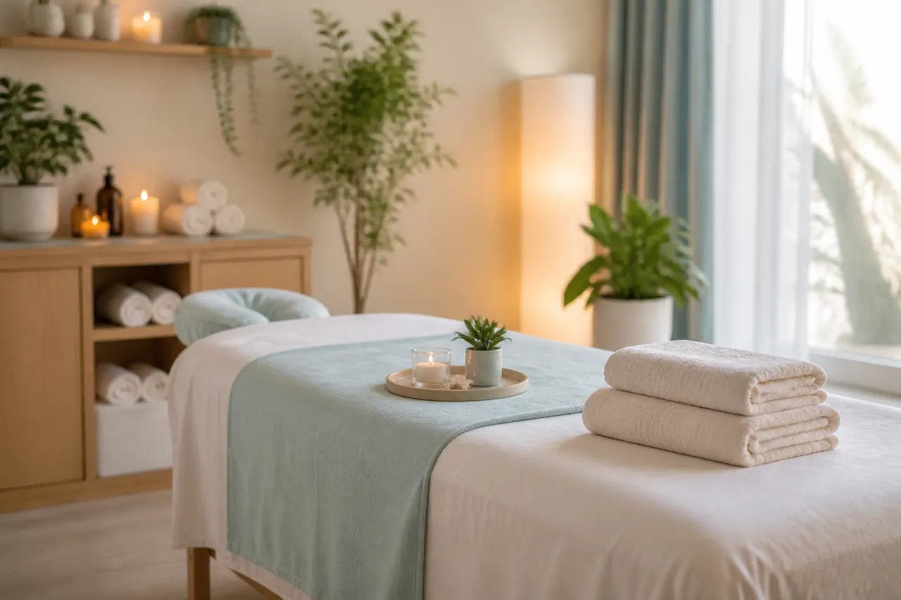 A prepared massage table with folded towels in a bright treatment room.