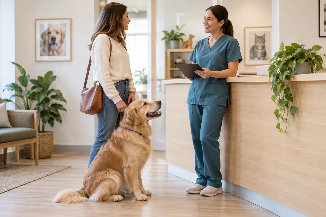 Veteriner kliniği çalışanı, köpeğiyle gelen hayvan sahibini danışmada karşılıyor.