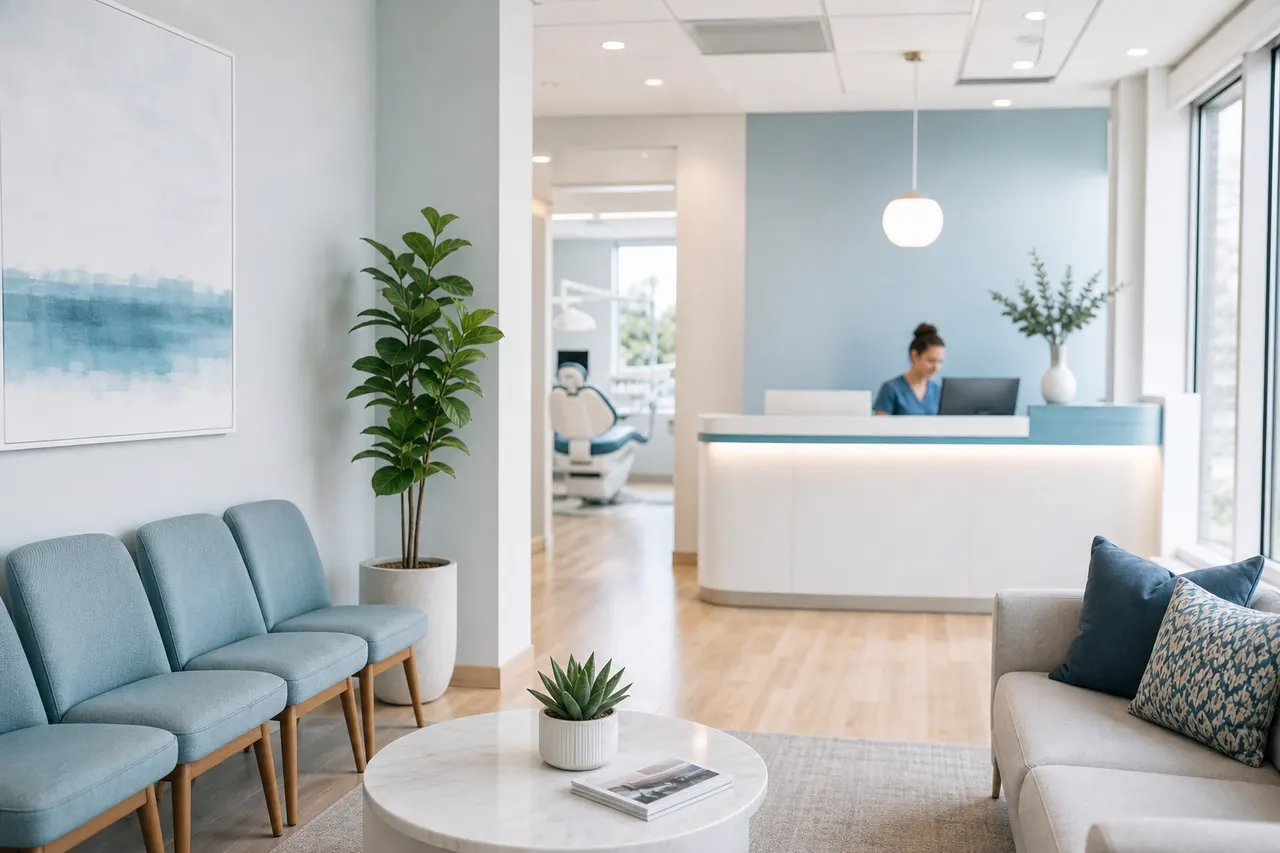 Dental clinic reception with seating and a treatment room in the background.