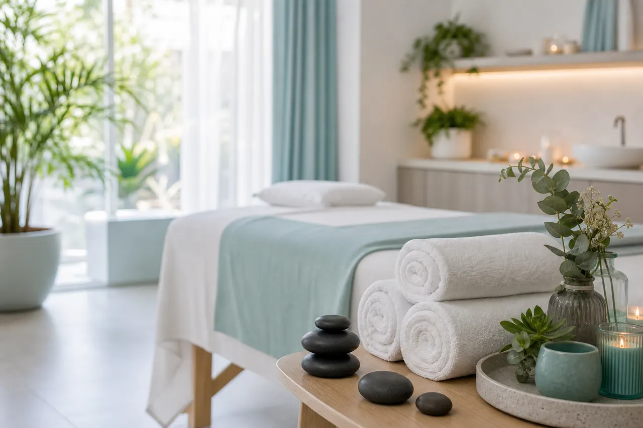 Gaišs SPA procedūru kabinets ar sarullētiem dvieļiem un masāžas akmeņiem.